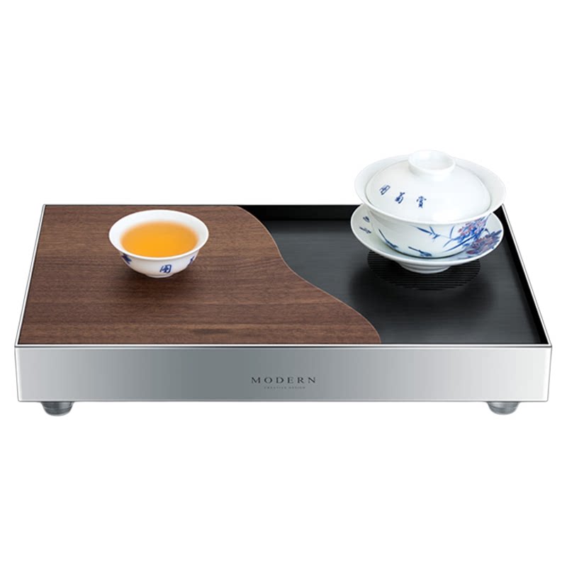 摩登MODERN轻奢北美胡桃木不锈钢茶盘干泡茶台功夫茶具乔迁礼品