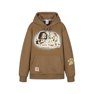 BETWEENAND 复古线描小狗连帽宽松双色薄绒卫衣女秋秋外套上衣