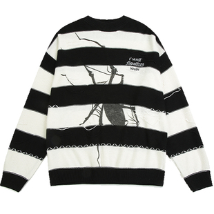 GUUKA条纹蜘蛛毛衣男加厚 田嘉瑞同款坏学生慵懒风毛边针织衫宽松