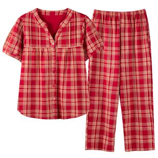 睡衣女士夏季纯棉短袖七分裤全棉夏天薄款加大码妈妈家居服可外穿