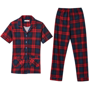 圆人夏季睡衣女夏纯棉短袖长裤春秋格子两件套红色大码家居服套装