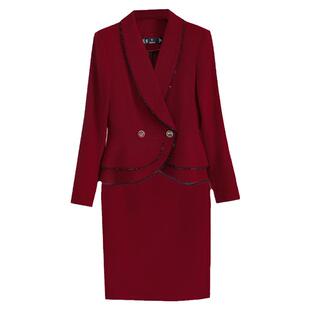 酒红色高级感西装小香风时尚洋气套装女减龄气质西服套裙两件套