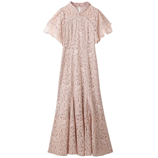 SNIDEL秋冬优雅立领飞袖镂空刺绣蕾丝连衣裙SWFO234144