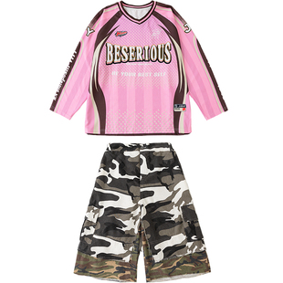 女童洋气爵士舞服潮牌长袖T恤迷彩中裤舞蹈练功服韩舞街舞演出服