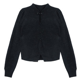 固执春季新款新中式羊毛气质立领套头泡泡长袖针织毛衣女上装