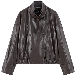 【商场同款】太平鸟栗子皮衣蛋白PU皮哈灵顿夹克外套女A1BBG1133