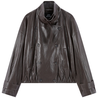 【商场同款】太平鸟栗子皮衣蛋白PU皮哈灵顿夹克外套女A1BBG1133