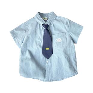 男童学院风衬衣2026夏季儿童领带短袖衬衫男女薄款宝宝洋气白上衣