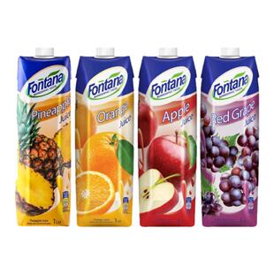 塞浦路斯进口fontana芳塔娜菠萝汁橙汁苹果蔓越莓汁1L*4果汁饮料