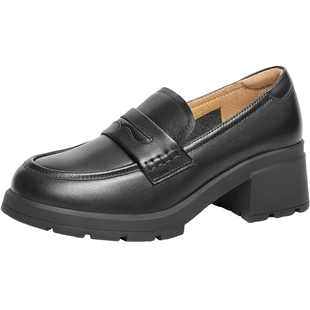 百丽女鞋子厚底乐福鞋女春季新款真皮粗跟黑色小皮鞋单鞋B2417AA5