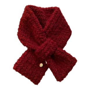 韩系氛围感红色羊羔绒毛毛短款小围巾女学生冬季保暖交叉毛绒围脖