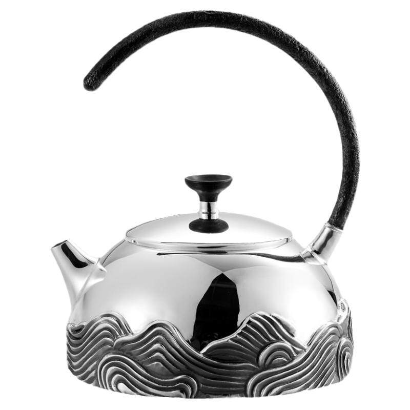 纯银一张打设计款观山润月泡茶壶