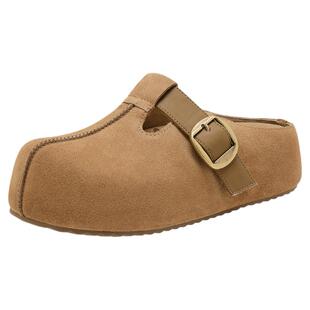 千百度女鞋反绒真皮新款厚底一脚蹬懒人包头拖半托外穿拖鞋勃肯鞋