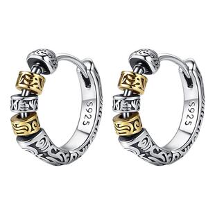 925纯银男士耳圈耳环双色唐草纹复古银饰国潮银痞帅耳钉男女耳饰