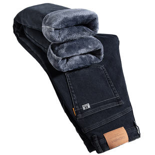 啄木鸟加绒加厚牛仔裤男士宽松直筒中年爸爸阔腿带绒保暖长裤子男