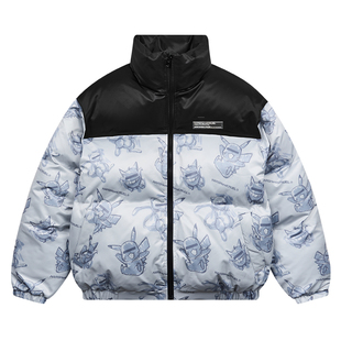 harsh and cruel 街头手绘神奇宝贝全幅印花拼接立领保暖棉服外套