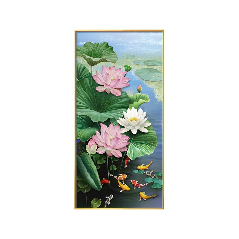荷花鲤鱼图九鱼图玄关装饰画新中式入户走廊过道挂画轻奢油画壁画
