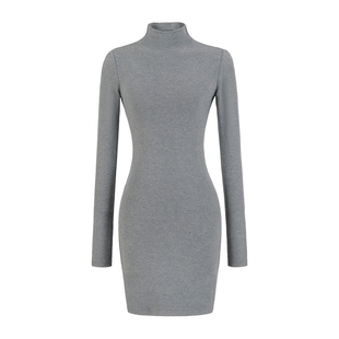 辣妹半高领长袖针织连衣裙女秋冬季弹力修身显瘦显瘦包臀打底短裙