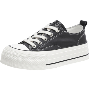 千百度厚底皮面帆布鞋女2026春季新款休闲百搭板鞋运动增高小白鞋