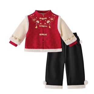 儿童套装女童汉服冬装宝宝国风加绒唐装秋冬中小童新中式红色衣服