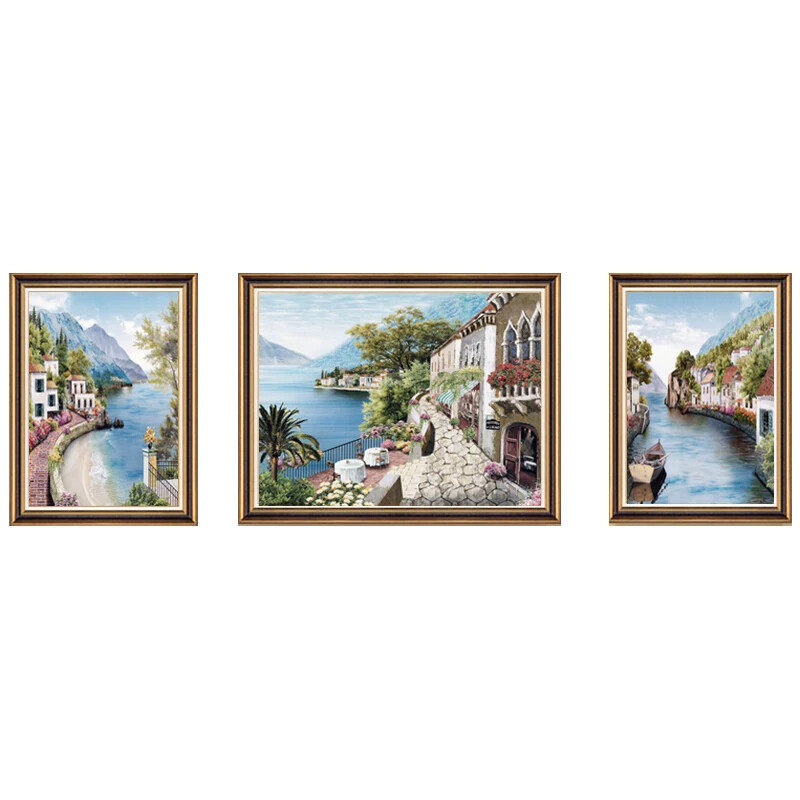 挂画客厅正品油画高级壁画三联画地中海新款大气沙发背景墙装饰画