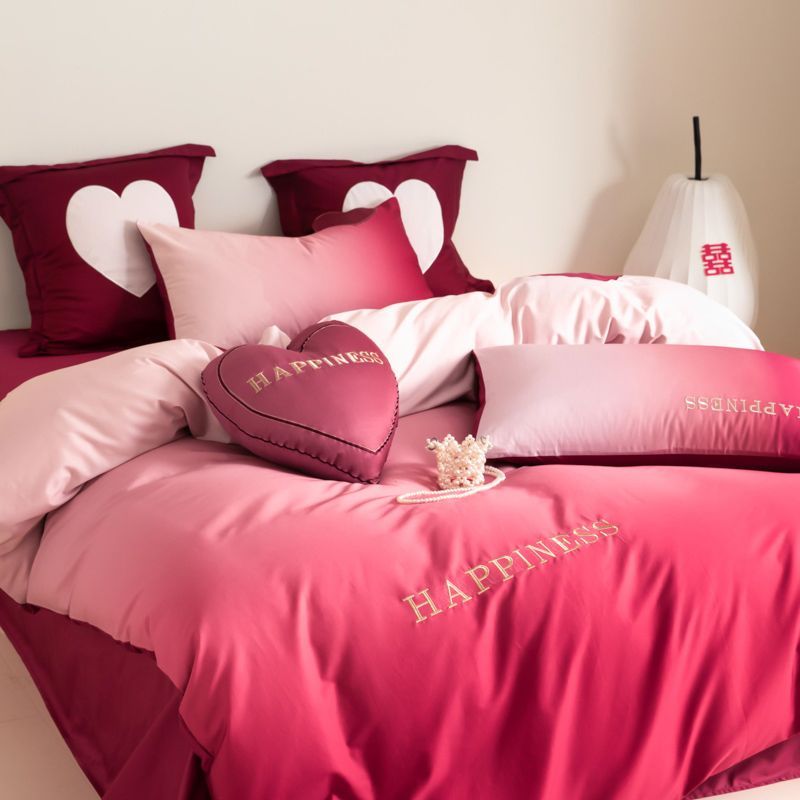 大红渐变色婚庆全棉四件套纯棉婚礼嫁喜庆被套床单高级感床上用品