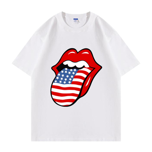 美国标志建筑自由女神像usa国旗周边宽松大码潮流短袖T恤衣服半袖