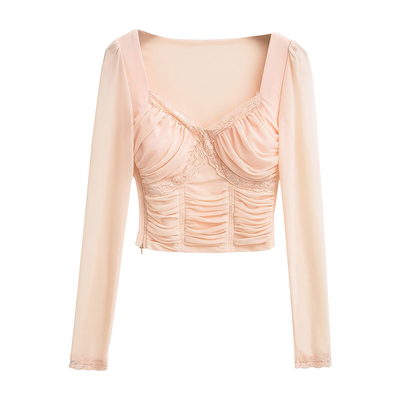 蕾丝拼接自带胸垫长袖网纱上衣