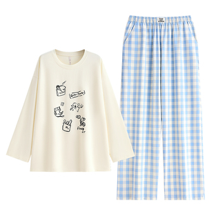 悦内带胸垫一体睡衣女款春秋季纯棉长袖家居服秋天休闲格子可外穿