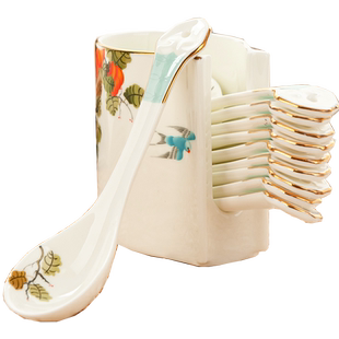 骨瓷勺子收纳笼汤勺陶瓷小勺家用纯白小汤匙调羹吃粥勺笼勺架勺盒