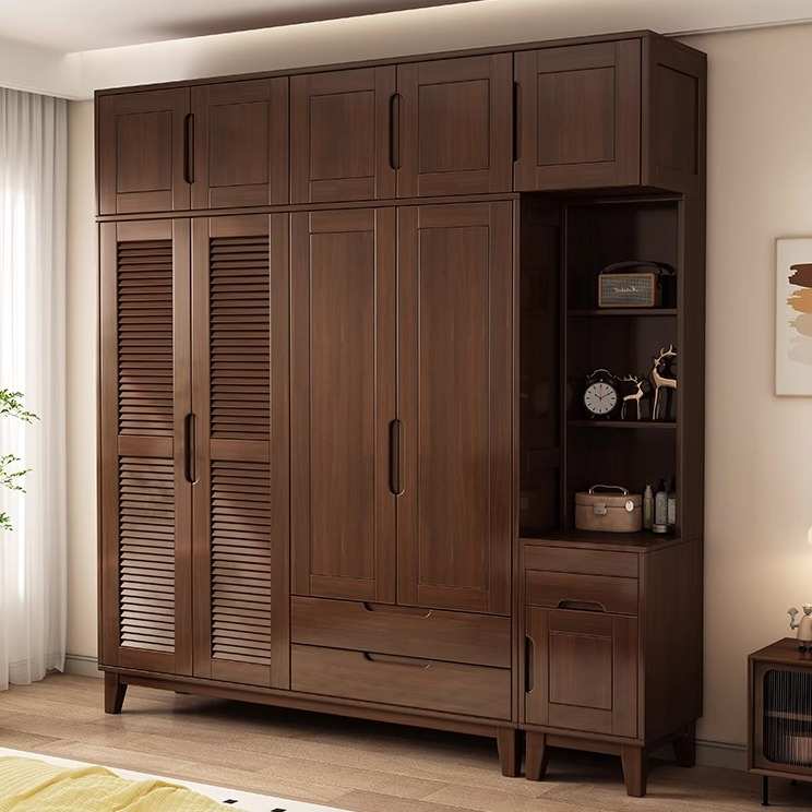 百叶门实木衣柜二三四门带边柜顶柜北欧小户型家用卧室对开门衣橱