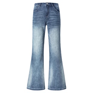 浅蓝色高腰垂感直筒微喇牛仔裤女2026春季新款美式不贴腿喇叭裤子