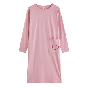 康妮雅春季纯棉长袖睡裙简约风睡衣裙宽松中长款家居服纯色睡衣