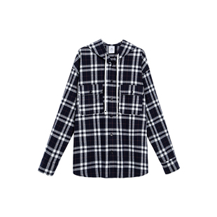 TurnSignal连帽条纹格子衬衫外套女2025新款休闲宽松长袖衬衣上衣