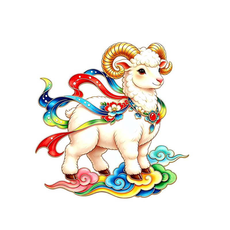 吉祥生肖羊墙贴贴纸彩带飘带祥云纹样传统民俗新年自粘装饰贴纸画