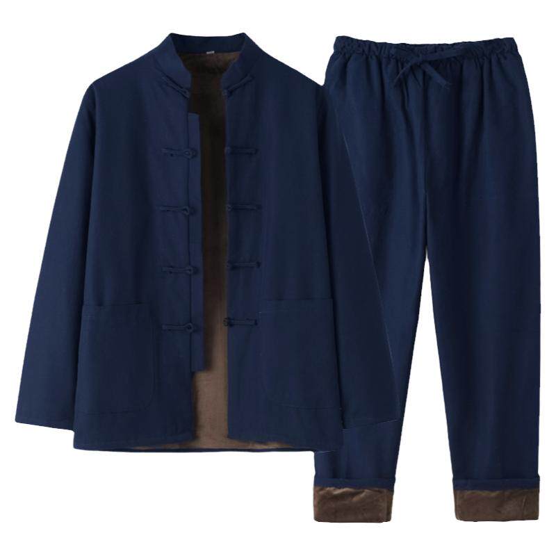 秋冬唐装男中老年加绒加厚棉袄套装纯棉居士汉服棉衣中国风爸爸装