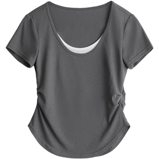 CV大码女装 夏季新款U领撞色假两件褶皱T恤正肩短袖上衣女胖mm