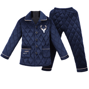 睡衣男士秋冬季三层加厚加绒珊瑚绒夹棉保暖中老年爸爸家居服套装