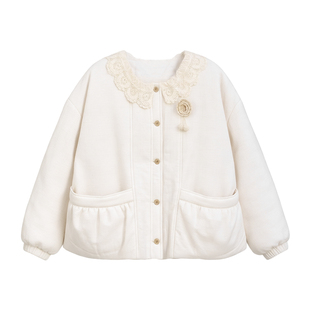 MOBAI自制【奶泡芙】复古棉麻蕾丝领棉服女冬季宽松保暖夹棉外套