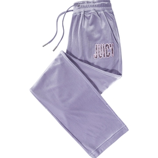 Juicy Couture橘滋【亮面丝绒】休闲裤女紫色亮片刺绣微喇长裤