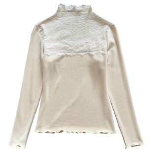 秋冬蕾丝拼接德绒长袖打底衫女新款双面澳绒半高领内搭加厚小衫女