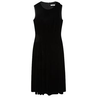 LANCY/朗姿2025秋新款高级感丝绒气质无袖A字收腰圆领黑色连衣裙