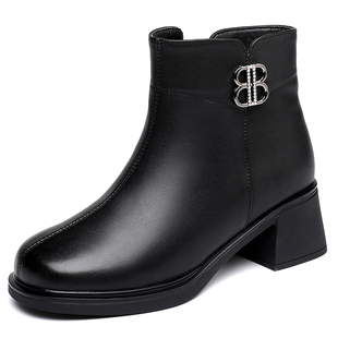 真皮靴子短靴秋冬加绒妈妈鞋子高跟中年女靴棉鞋软底防滑羊毛皮鞋