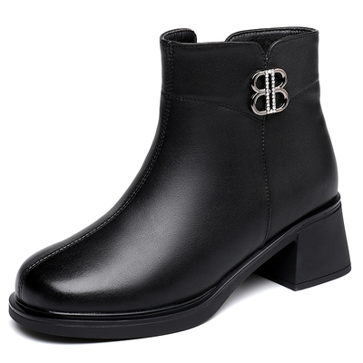 真皮靴子短靴高跟加绒妈妈鞋子