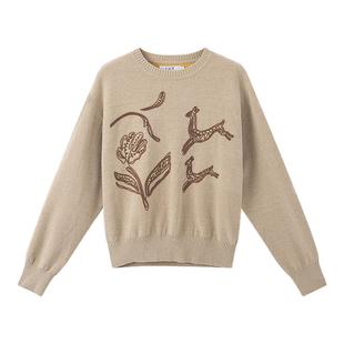 敦煌系列LILY2025新款女装复古小鹿植物盘带绣花落肩休闲针织衫