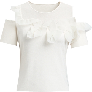 红袖商场同款HOPESHOW2025秋新款女装荷叶边拼接短袖圆领针织上衣