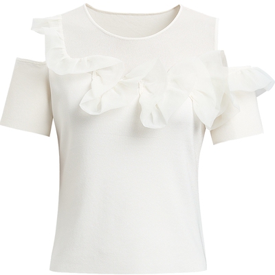 红袖商场同款HOPESHOW2025秋新款女装荷叶边拼接短袖圆领针织上衣