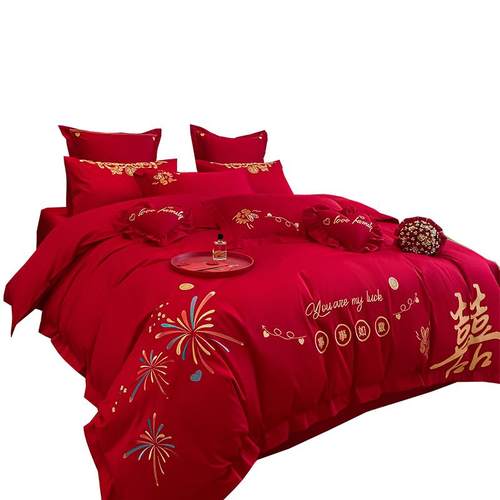 全棉婚庆床上四件套结婚纯棉100床单被套大红色婚房陪嫁床品六十4