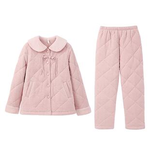 安之伴【巨保暖】三层夹棉简约冬季睡衣女款加厚珊瑚绒家居服套装