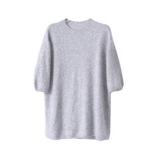 软糯亲肤拉毛羊绒羊毛衫灰色短袖女圆领无缝一体春秋半袖针织毛衣